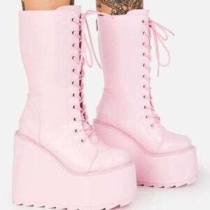 YRU dune lace up platform boots in baby pink - RARE!